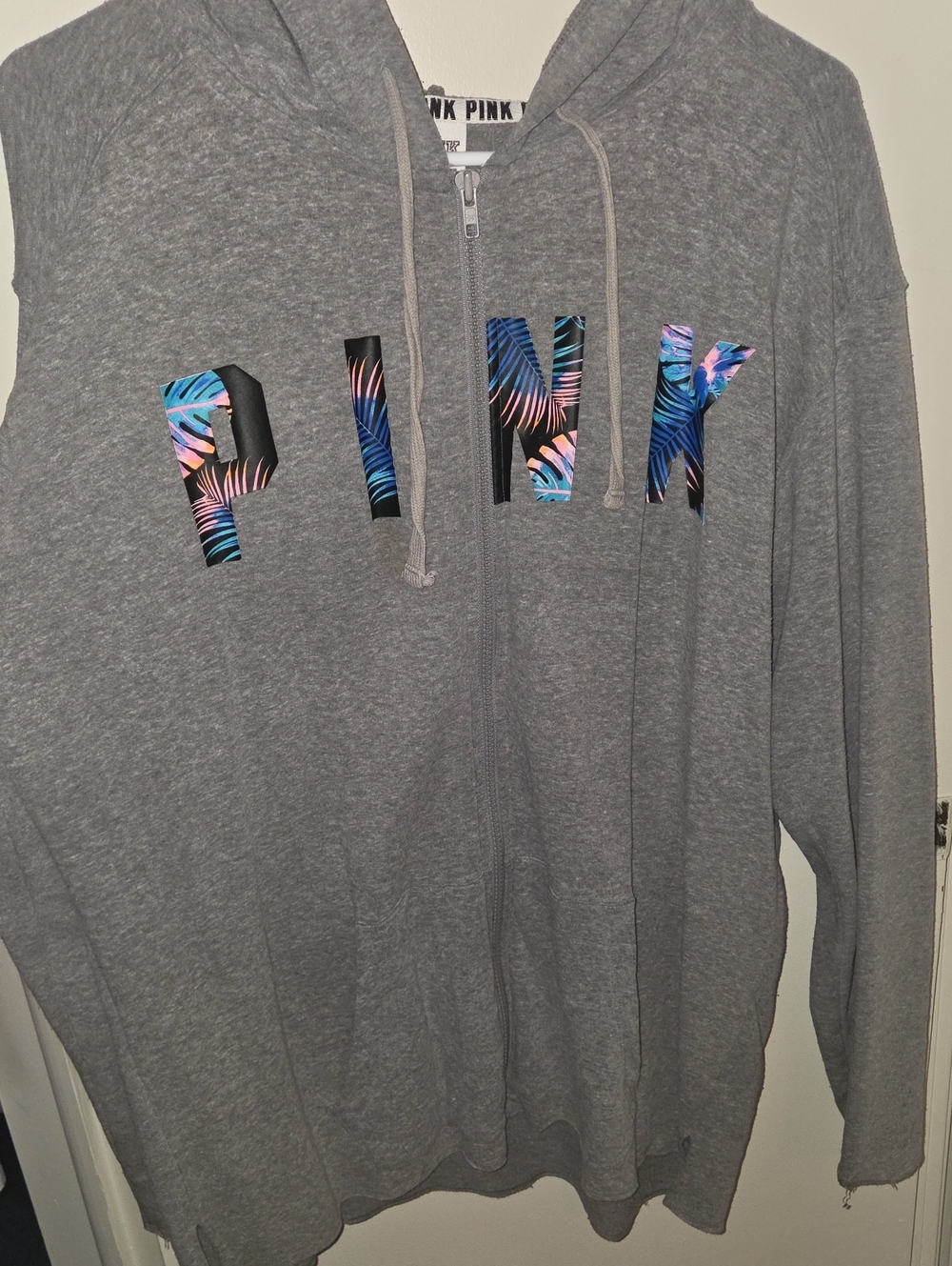 PINK Victoria's Secret Gray Zip-Up Hoodie with Tropical Lettering